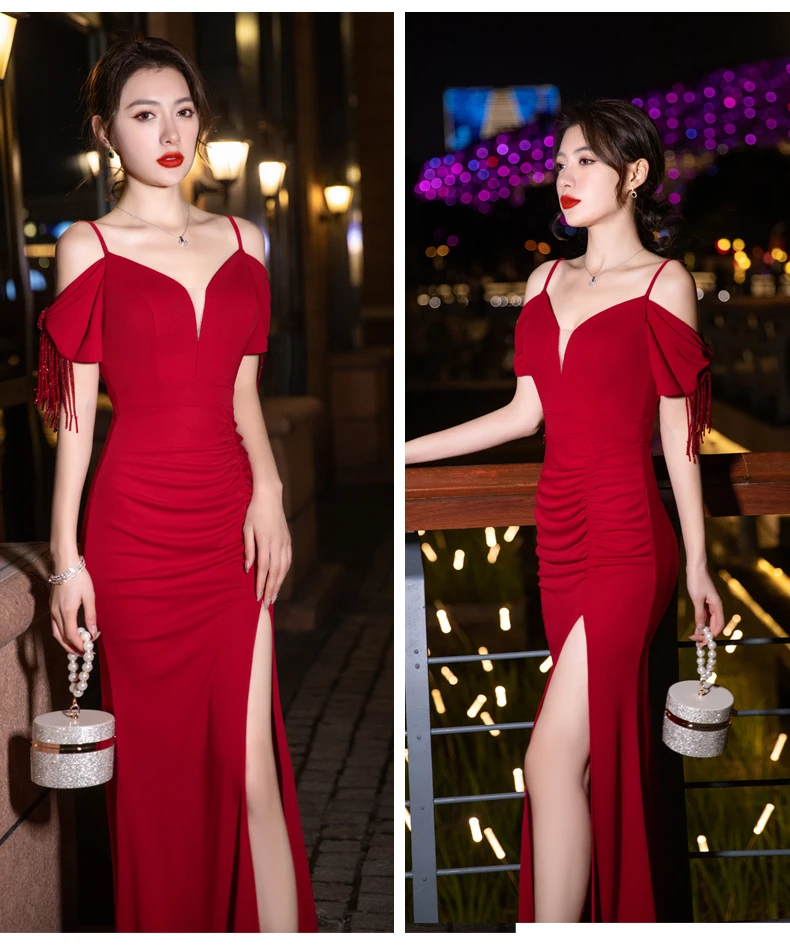 Sexy Evening Dress, Women's Short Sleeved High-end Party Atmosphere, Stunning Fishtail Strap, Light Luxury, Slimming Long Skirt