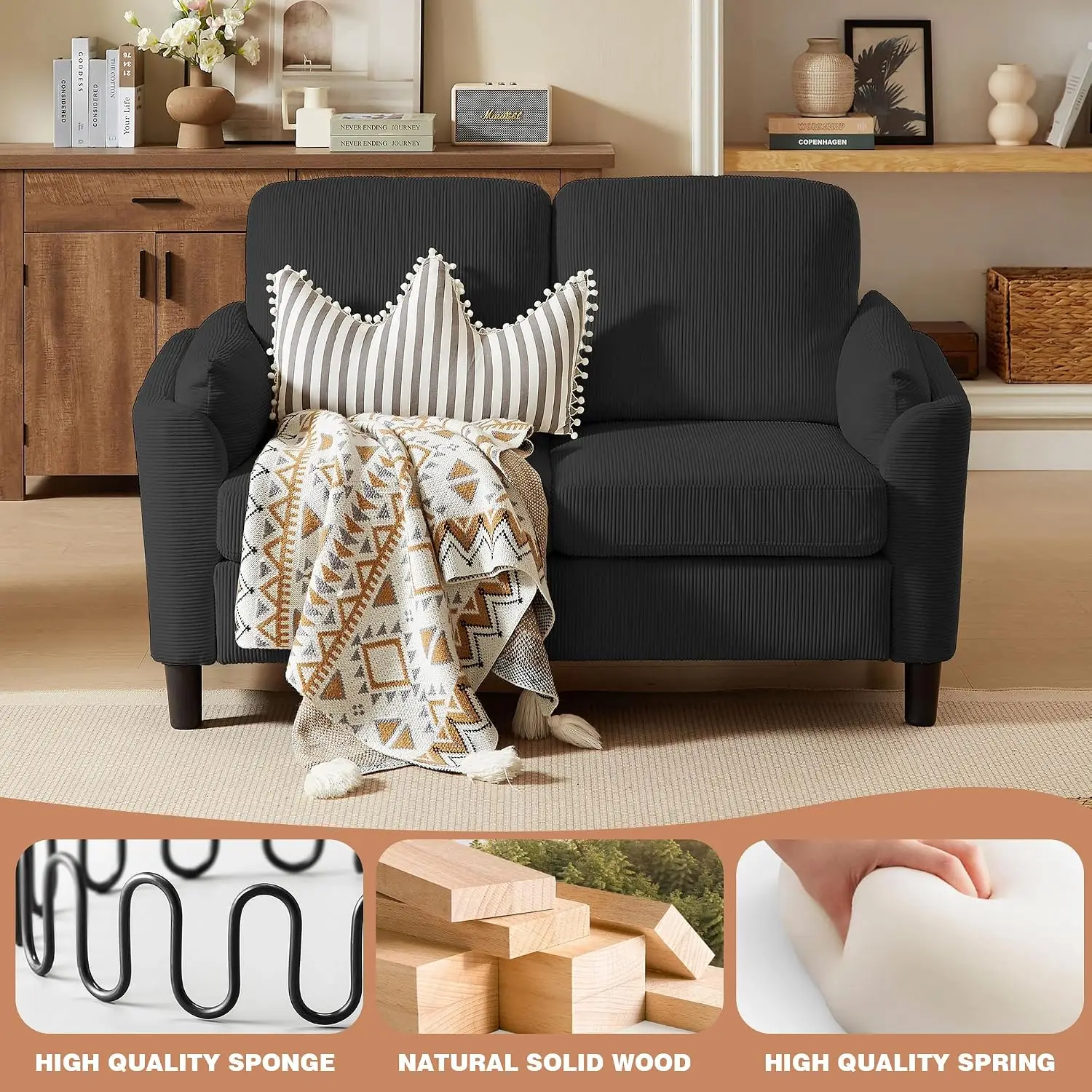 Corduroy Sofa Set L-Shaped Sectional with Storage Ottoman Loveseat Chair Side Pockets Removable Cushions Living Room, Customized