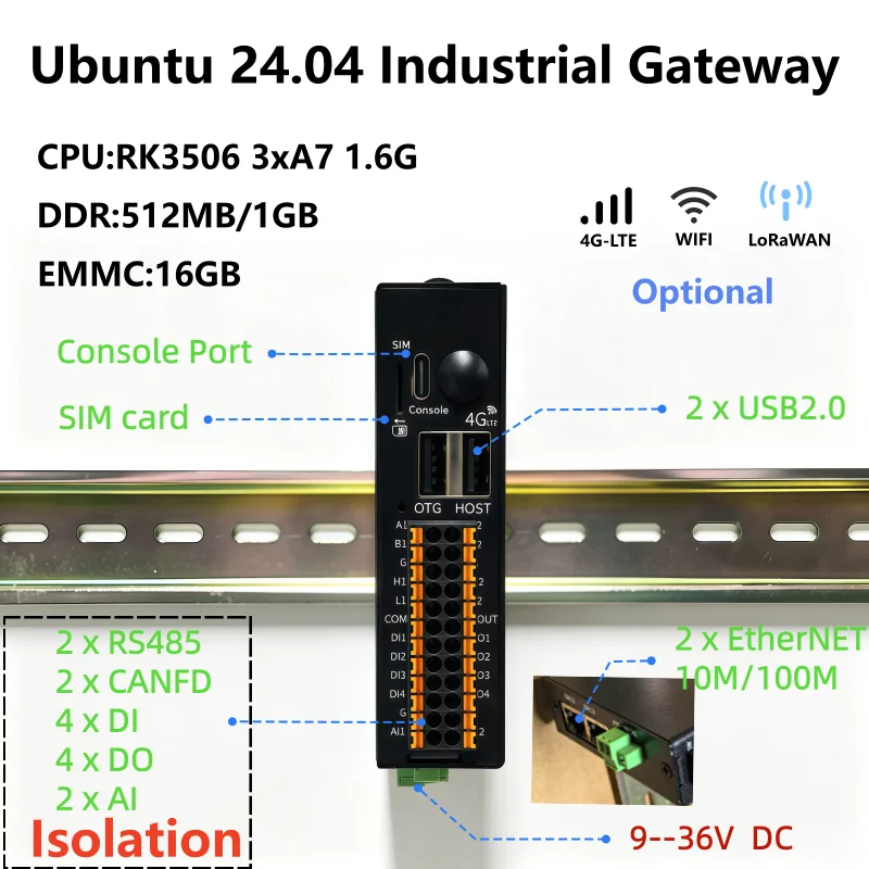 TM-CP2B-P Ubuntu24.04 Industrial Gateway RS485 CANFD  LoRaWAN 4G-LTE-EG25-G WIFI BT DIN Rail Mount for PLC