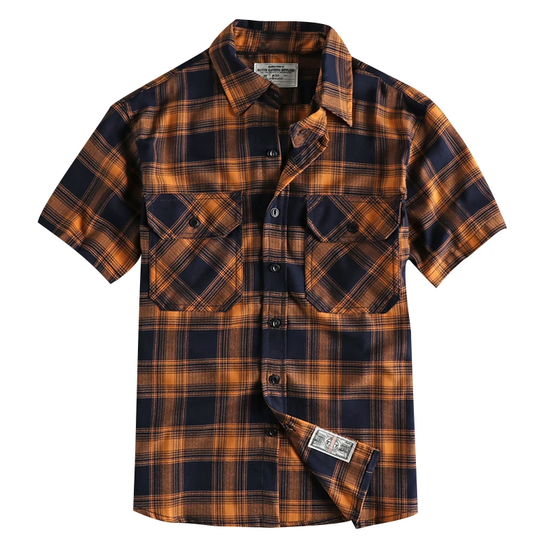 Summer New American Retro Thin Twill Classic Cargo Plaid Shirt Men\'s Fashion Short Sleeve Lapel Double Pocket Casual Blouses