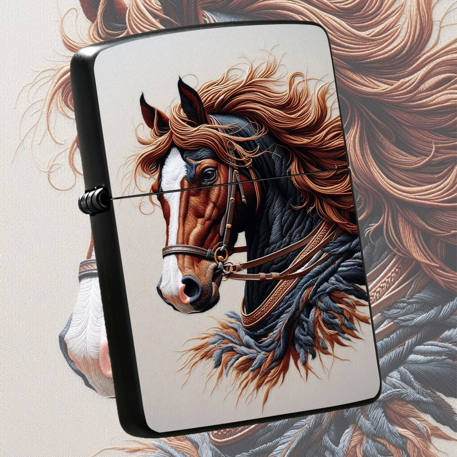 Exquisite Embroidery Style Running Horse Pattern Lighter, Artistic Chestnut Steed With Flowing Mane Printed Decor, Portable Stylish Accessory For Daily Use Outdoor Gathering Gifting Scenarios, Trendy Unique Delicate Practical Item For Every