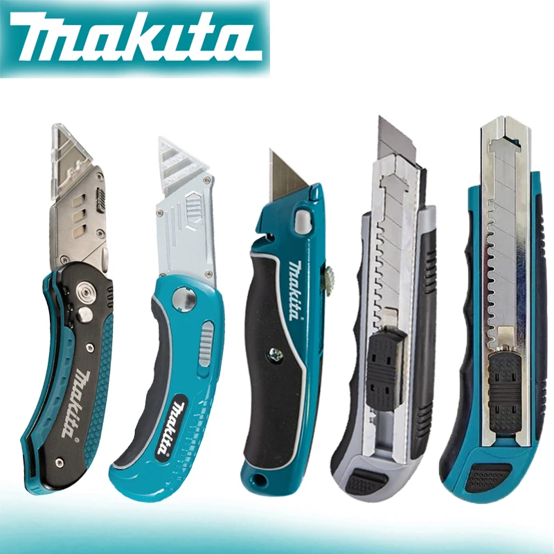 Image of Makita Universalmesser mit Abbrechklinge, Einfaches Laden, Einziehbare Zusatzklingen, Komfortabler Gummigriff, Vielseitiges Handwerkzeug-Kombinationsset