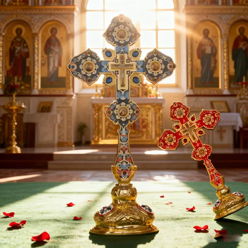 Luxuriöses Orthodoxes Christliches Geschenk: Vergoldetes Grünes Cloisonné-Standkreuz, Kirchenqualität, Altar-Kruzifix für Spirituelle Heimdekoration – Detail 9