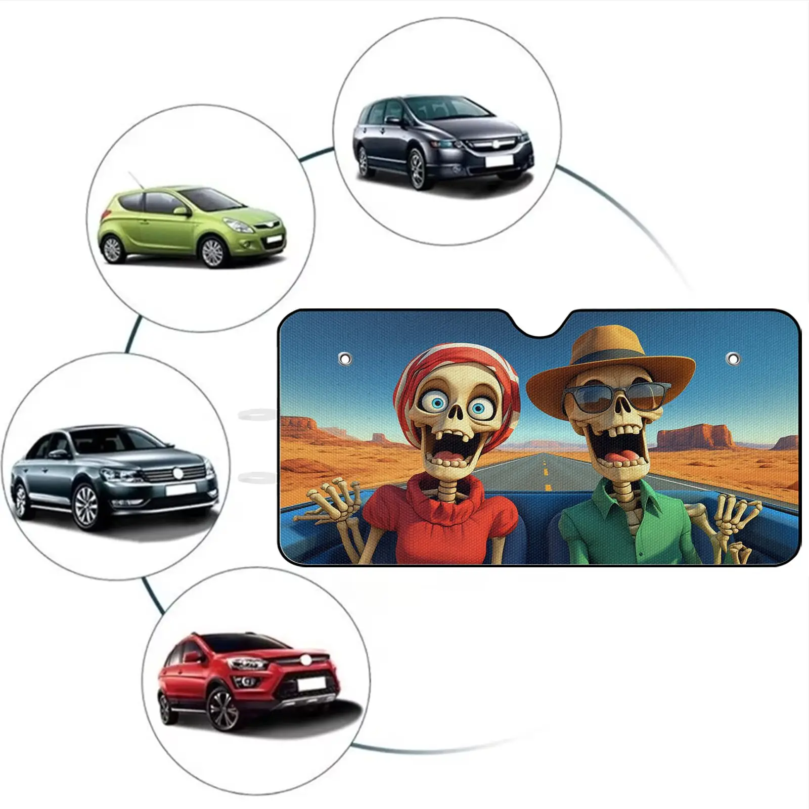 Car Windshield Sun Shade | Skeleton Couple Cartoon Design In Red And Green Colors, Desert Road Scene For Car Interior Protection