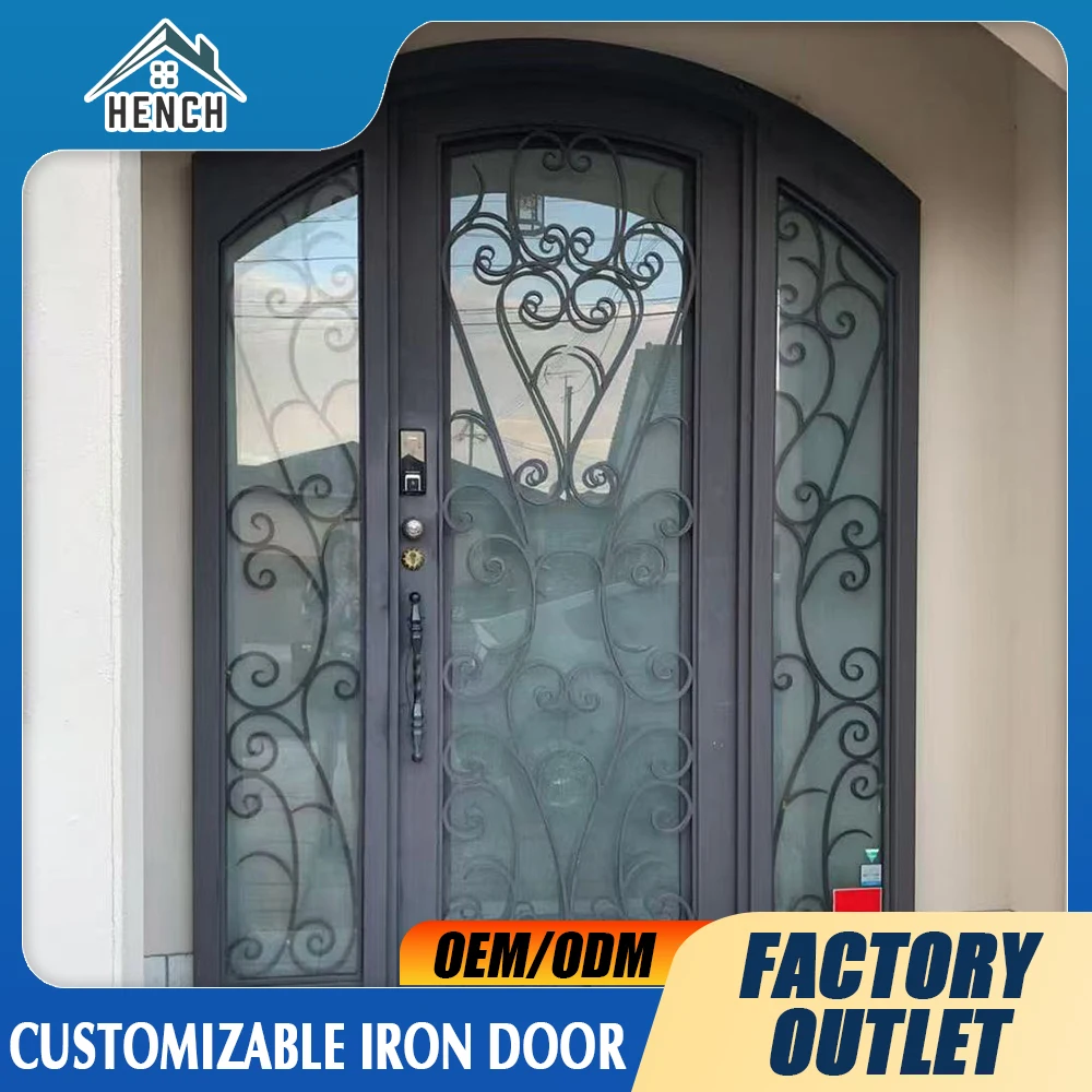 Fire Rated Modern Wrought Iron Double Doors Safety Glass