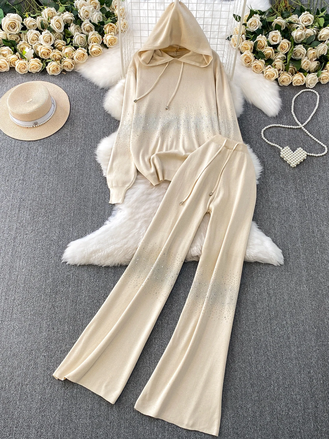 

Faionable Knitted Set Women's Autumn Winter New Sle Glitter Long Sve Hoodie High Waist Slimming Bell Bot Outfit