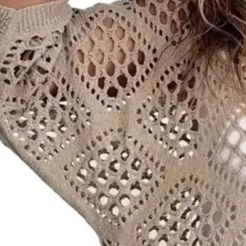Bohemian Style Cut-out Design Shirt V-Neck Soft Comfort Knitting Cover-up Pure Color Loose Fit Hollow Design Summer Tops