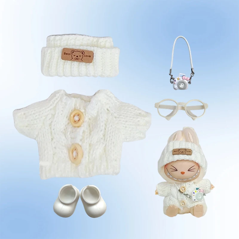 17 cm Kleidung für Labubu I II Puppen, süße Kleidung, 5 Farben, Netzpullover und Mütze, Set, Zubehör, Kleidung, Plüschpuppenkleidung