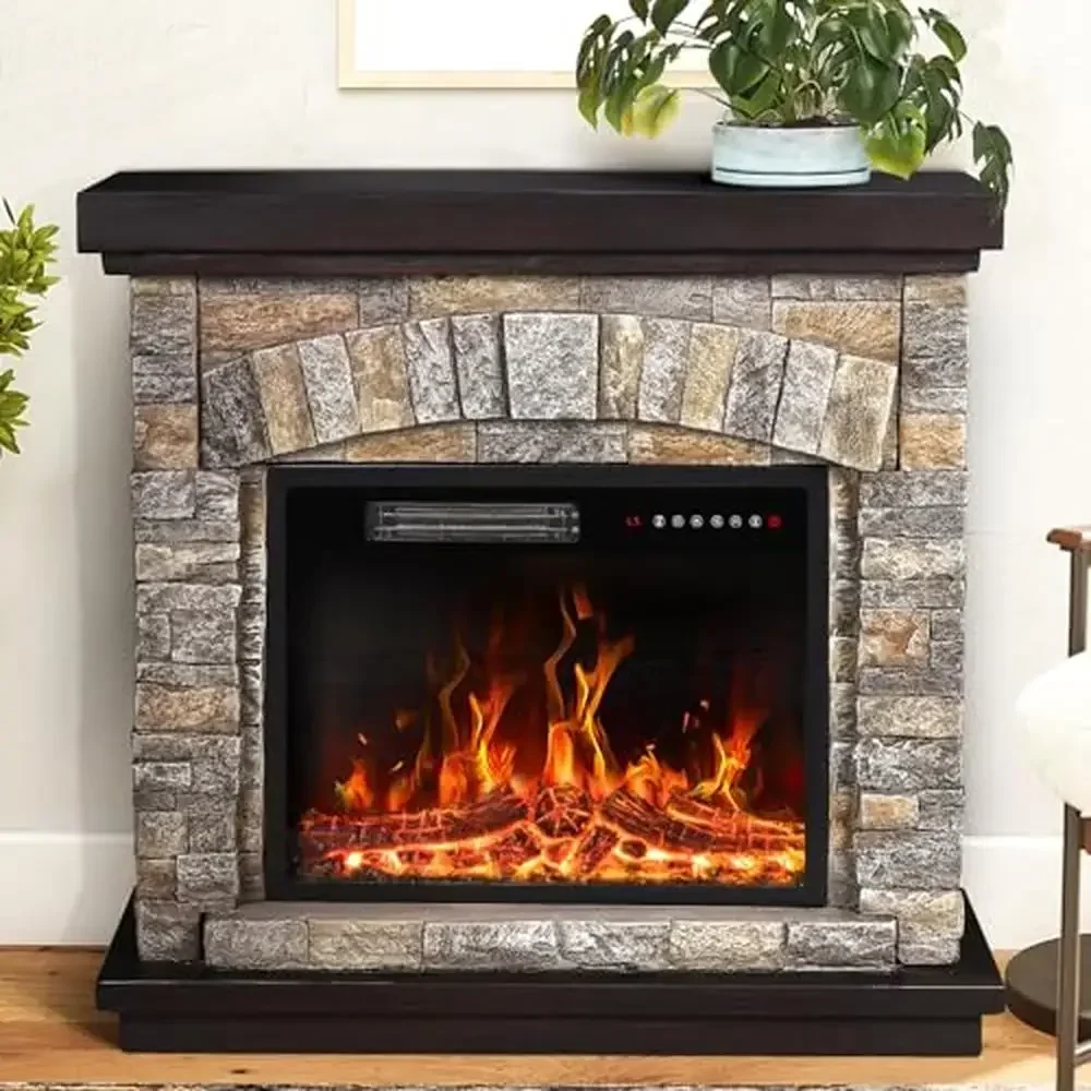 Mantel Stone Fireplace Heater TV Stand Remote Control Realistic Flame Effect 3D Log Safe Dual Heat Options Compact Design