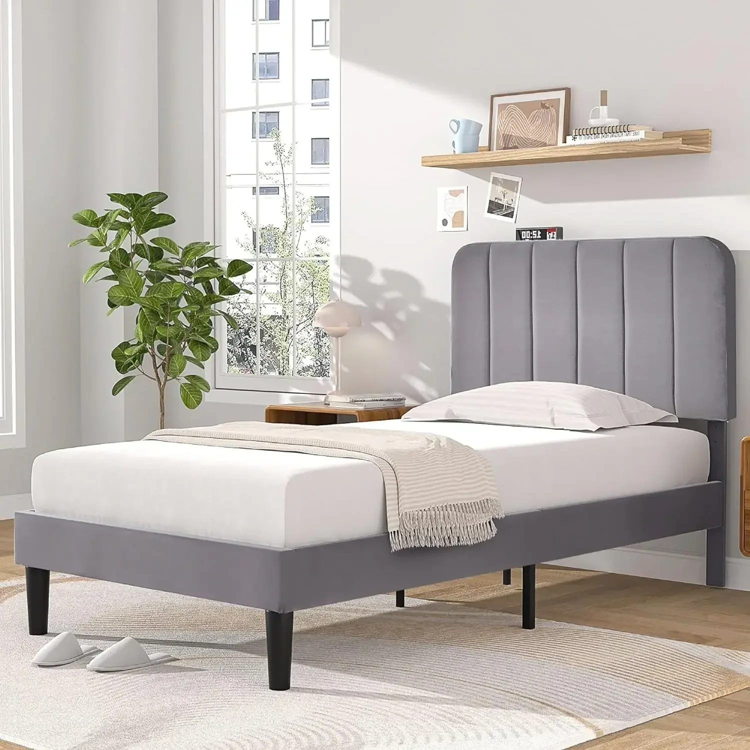 

Twin Size Upholstered Bed Frame with Adjustable Headboard Velvet Platform Bedframe Mattress Foundation Strong Wood Slat SupportS