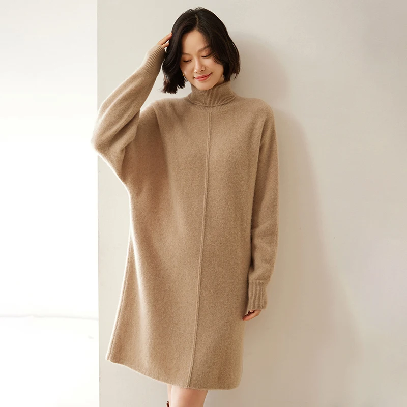 High-quality Autumn Women\'s 100% Cashmere Sweater High Collar Pullover Winter Lady Thicken Dresses Female Large Size Knit Dress