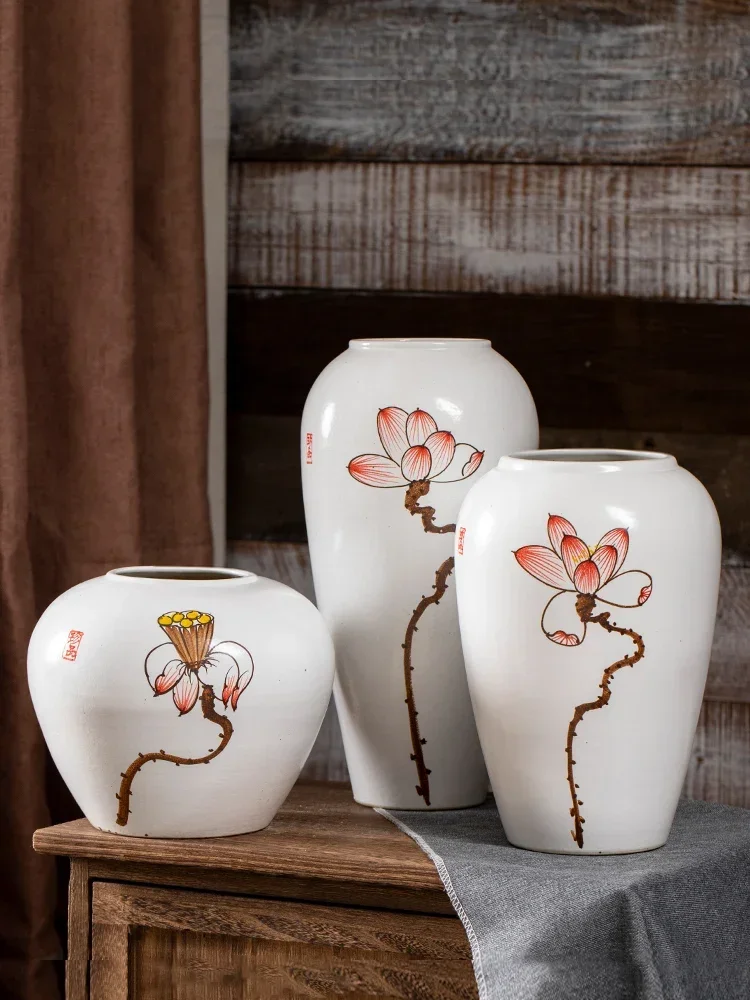 Living room flower arrangement, ceramic flower pots, new Chinese dried flowers, Jingdezhen vintage small clay pot decorations