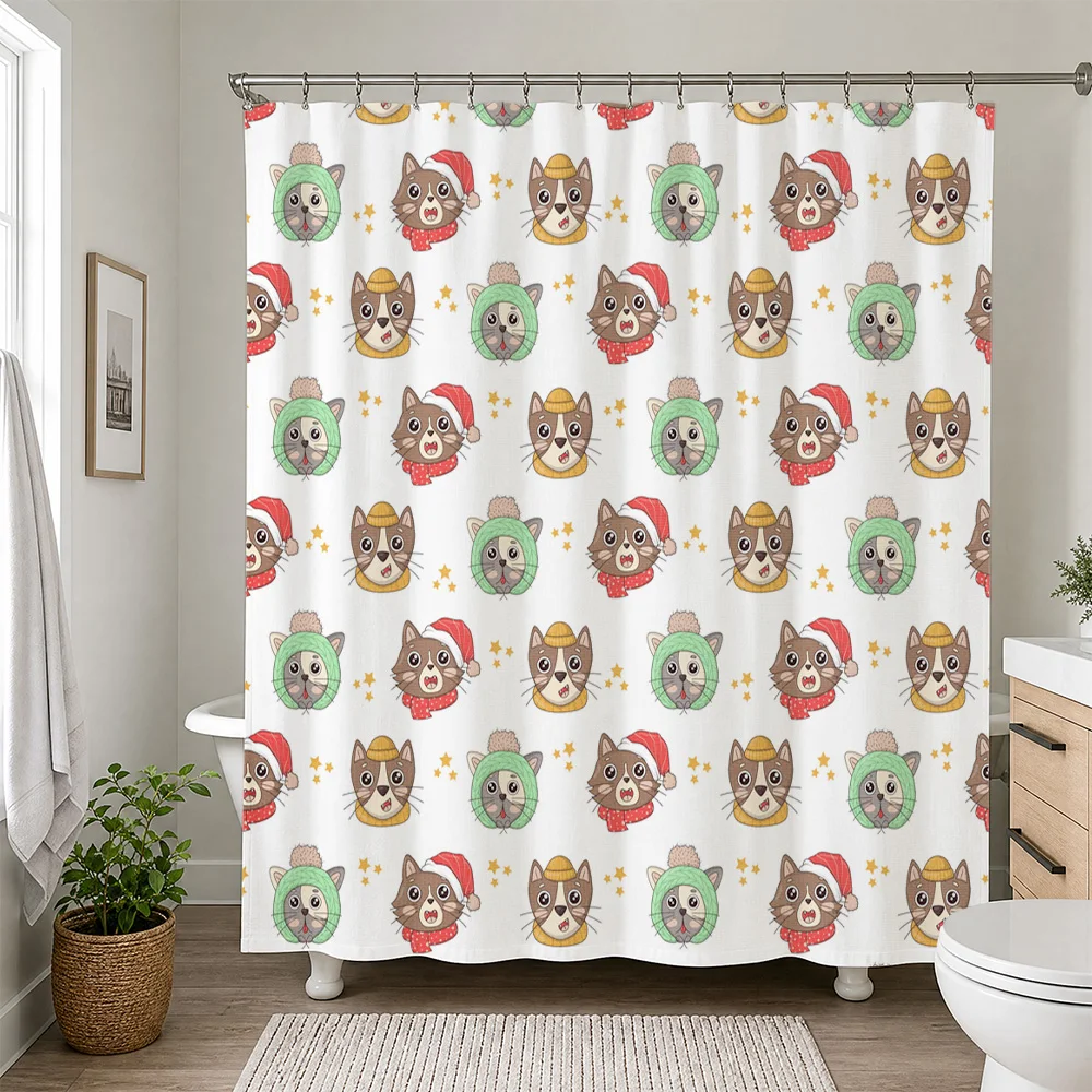 Waterproof Shower Curtain Cute Animals Bath Curtain Cartoon Woodland Bathroom Decor Shower Liner Family Themed Xmas Santa Hat Gi