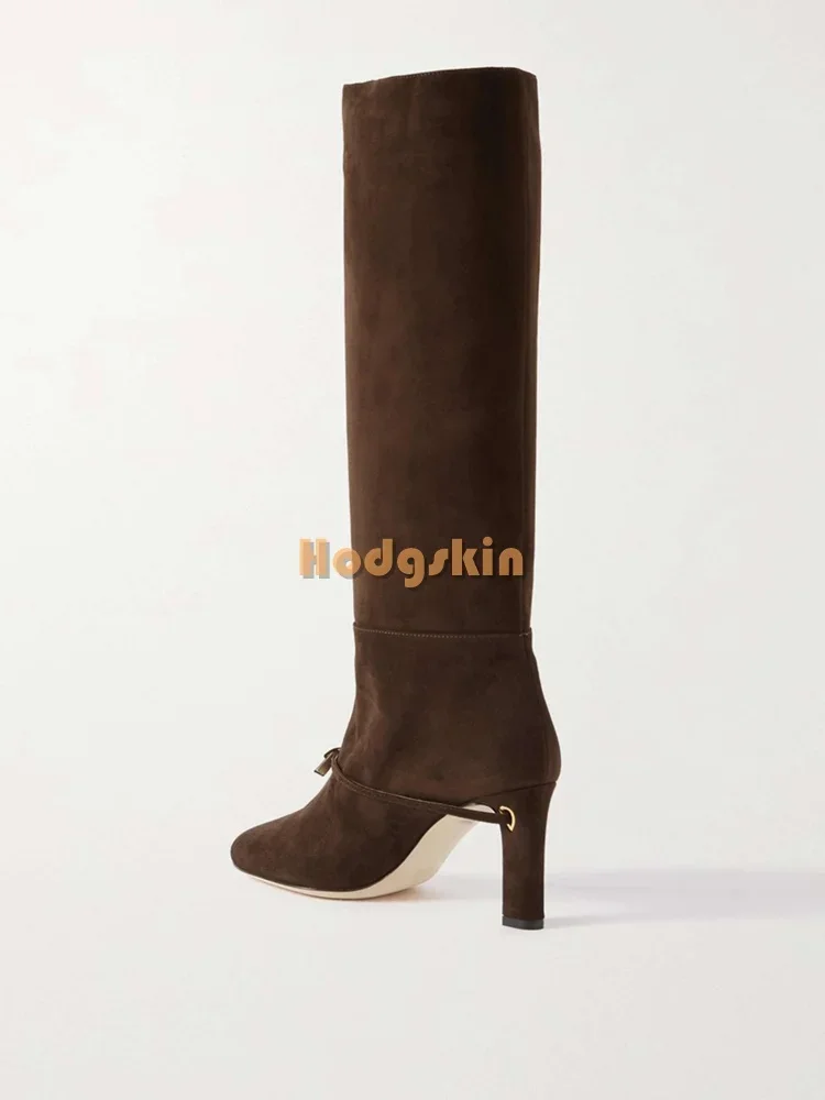 Retro Buckle Straps Knee-high Boots Suede Solid Pointed Toe Slip-on Sqaure Heel Modern Boots 2025 Women New Winter Fashion Shoes