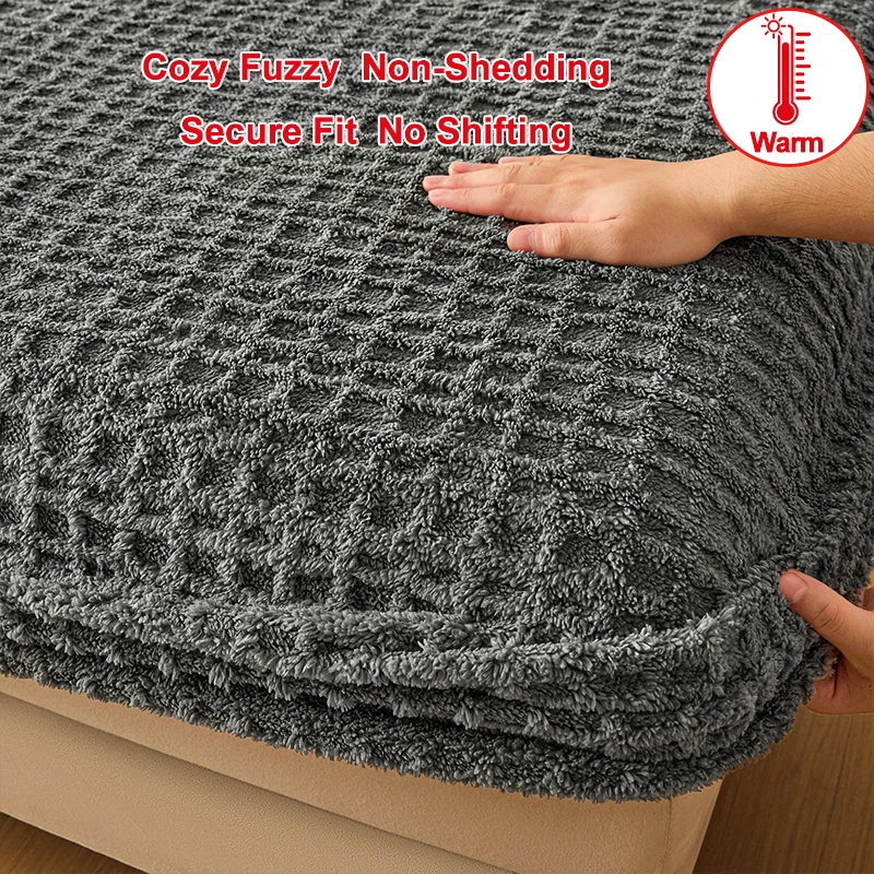 Grey Flannel Fitted Sheet, Cozy Fuzzy Warm Non-Shedding Mattress Cover,Secure Fit No Shifting Plush Bed Sheet for Winter Bedroom