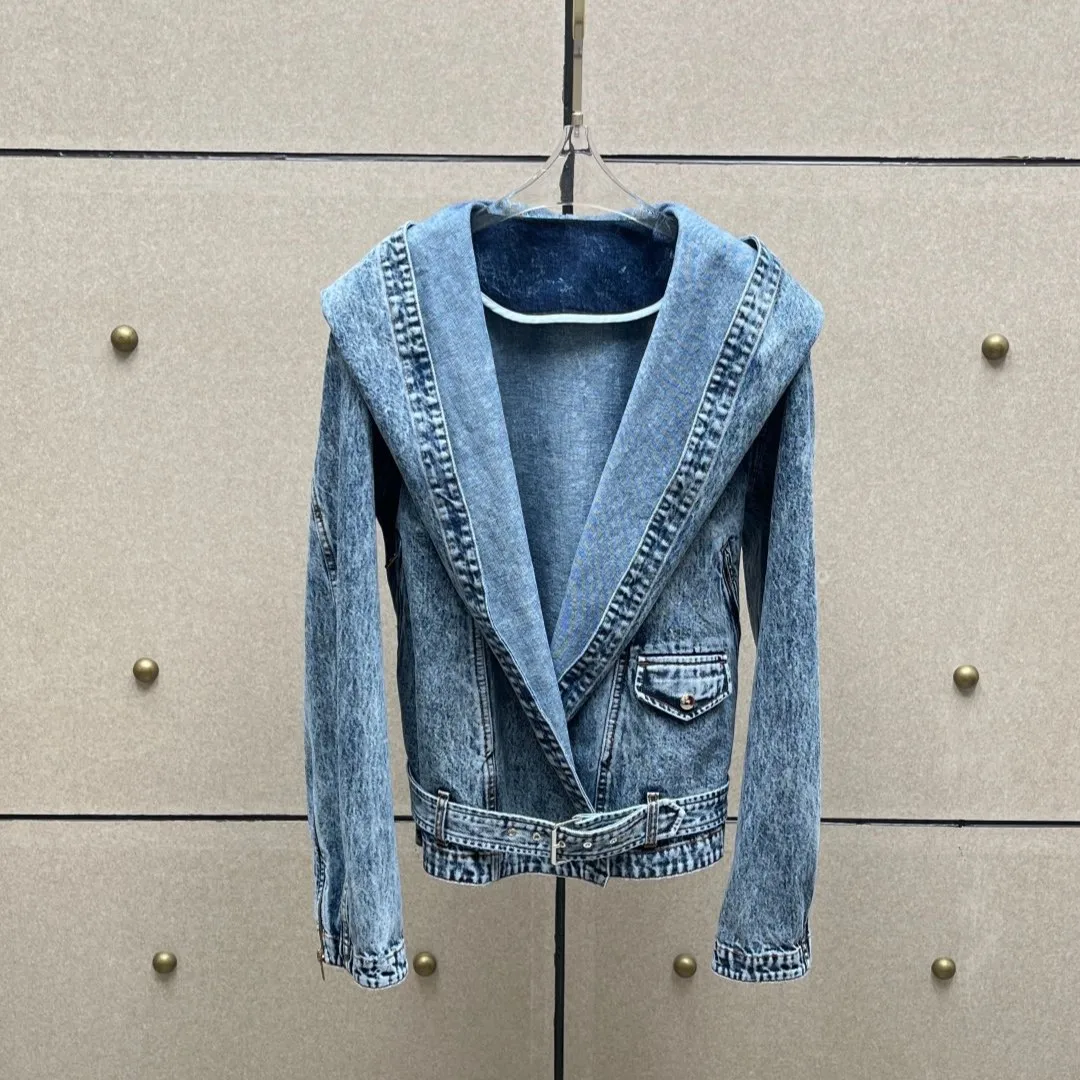 2025 New Arrival Hooded Denim Jacket - Vintage Wash Belted Waist Stylish Casual Women's Outerwear