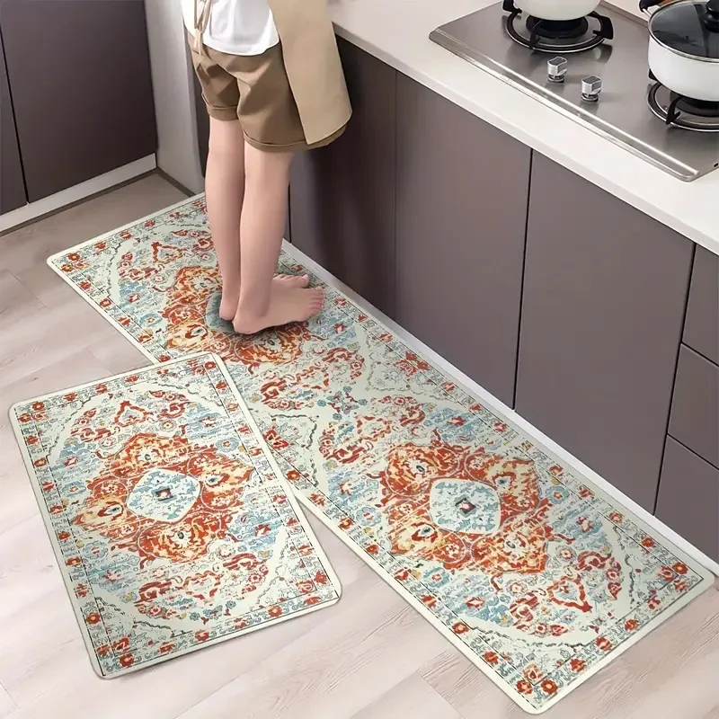 

VIKAMA American-Style Retro Abstract Cartoon Kitchen Floor Rug Water-Absorbent Oil-Resistant Dirt-Resistant Foot Mat Home Decor