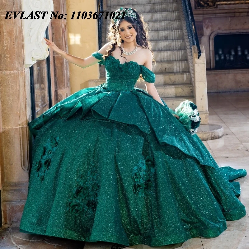 EVLAST Customized Glitter Green Quinceanera Dress Ball Gown Lace Applique Beading Corset Sweet 16 Vestidos De XV Anos SQ344