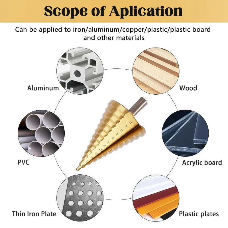 5-35mm Manico esagonale Trapano scanalato a spirale Gradini in acciaio ad alta velocità Apri punte da trapano per metallo Piastrelle di ceramica Trapano rapido Utensili elettrici