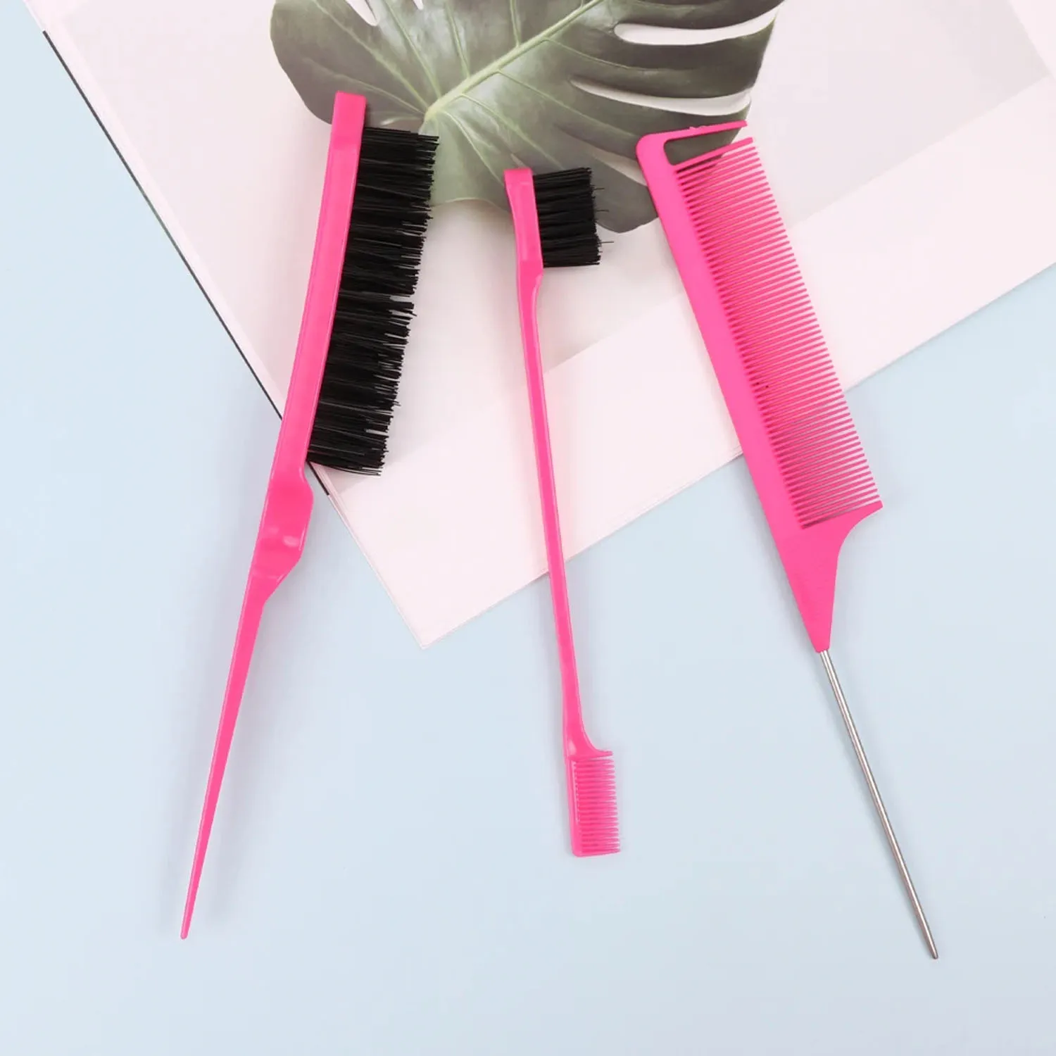 3Pcs Hair Styling Tools Edge Brush Rat Tail Comb Bristle Triple Row Styling Comb For Hair Styling Separating Combing & Coloring