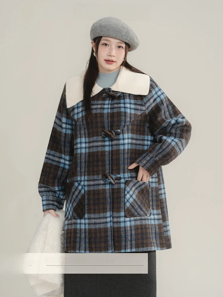 

Heynew plus Size Women's Plaid Woolen Coat Winter New Mid-Length Korean Sle Commute Large Size Outerwear for plus Size