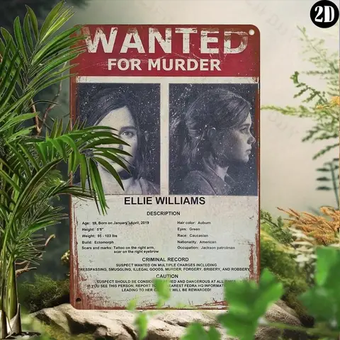 Vintage Aluminum "Wanted for Murder" Ellie Williams Sign (8x12"), UV Printed Waterproof Metal Plaque, Indoor/Outdoor Wall Decor