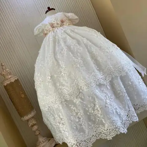 Lace Pearls Baptism Christening Gown Outfit Baby Girls Party Birthday Gown Wedding Flower Girl Dress