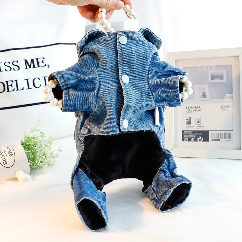 Dog Clothes Autumn Winter Four Legged Denim Pants Thickened Lapel Denim Coat Small and Medium-sized Pet Clothing