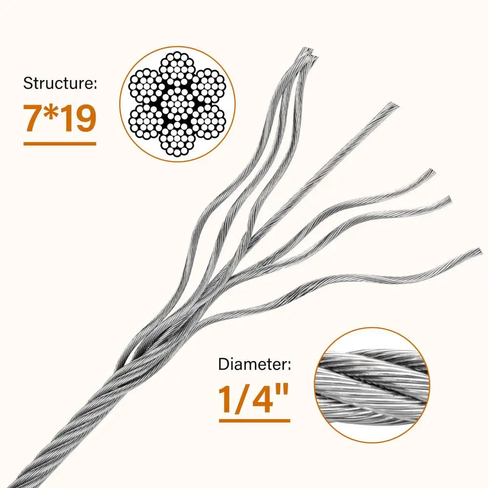 1/4 Stainless Steel Cable 100ft Wire Rope 7X19 Strands Aircraft Cable 6400lbs Breaking Strength Zip Line Heavy Duty Elevate Your