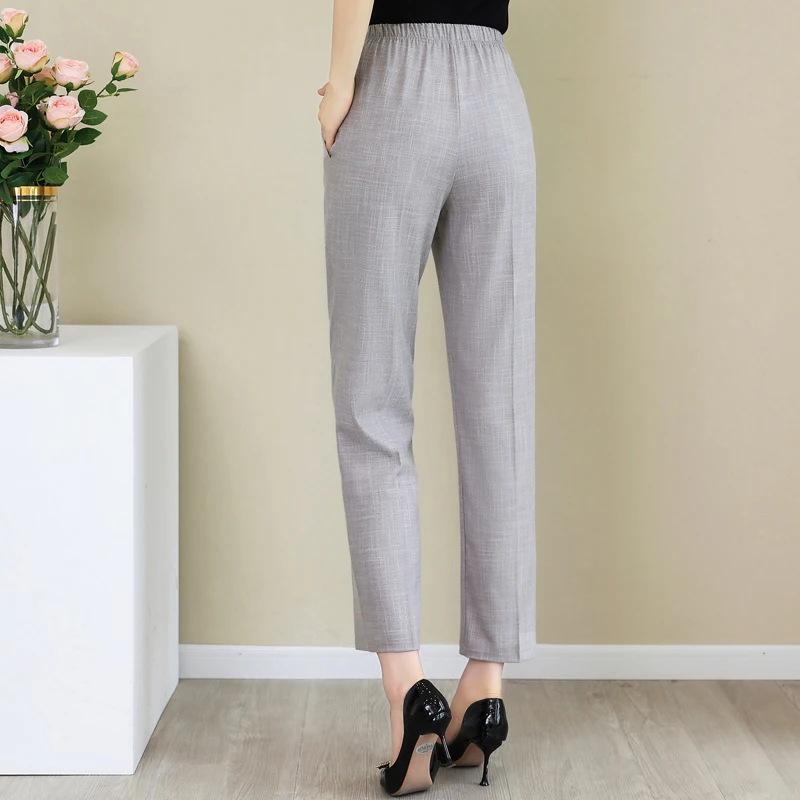 Summer Women Cotton Linen Pants High Waist Vintage Basic Black Pants Women's Summer Straight Elastic Waist Ankle-Length Trousers