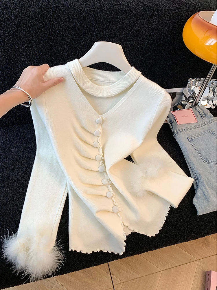 Korean style hang neck and waist cincined plush sleeve top women autumn and winter beautiful black fungus edge knitted shirt