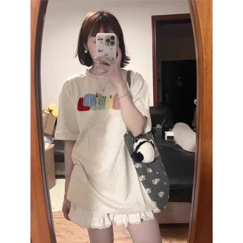 القطن الخالص المرأة قصيرة الأكمام تي شيرت الأمريكية خمر المحملة Y2k ملابس امرأة عصرية الصيف فضفاضة تناسب تنوعا القمم