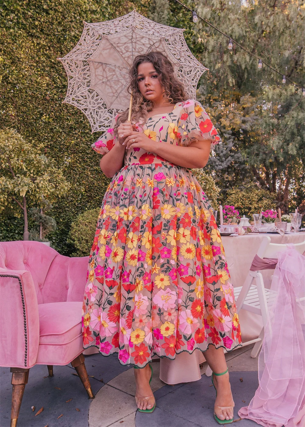 Vestido De fiesta De encaje De flores dulces, vestido De fiesta De manga corta con bordado De hada rosa