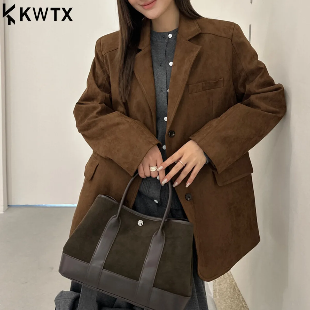 KWTX Damen-Blazer aus Wildleder, Vintage, elegant, mit zwei Knöpfen, verdickt, warm, A/W, einfarbig, schick, Designer, Neuankömmling, Premium-Qualität