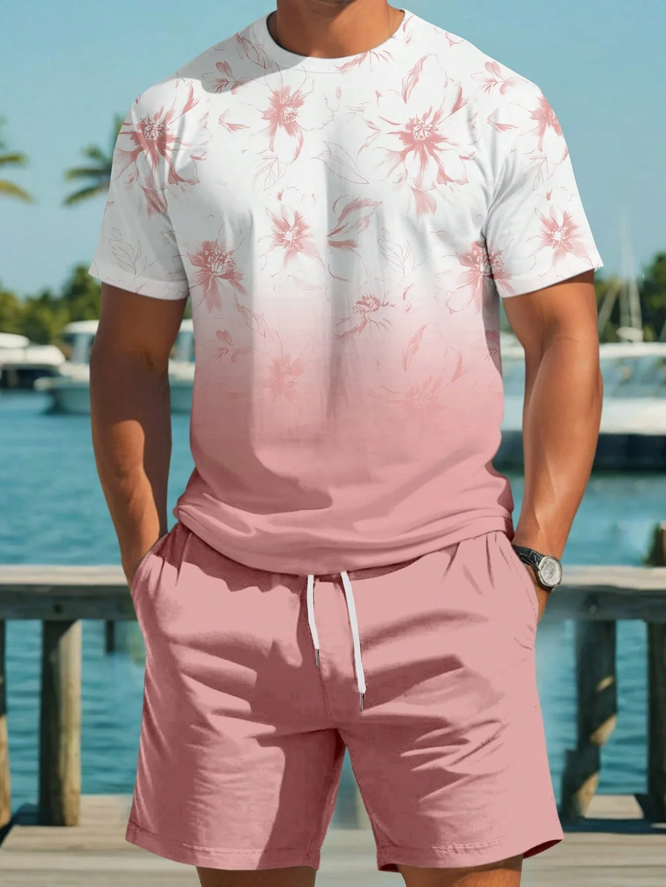 Summer Men Tropical Floral Print Round Neck Short Sleeve Casual T-Shirt And Shorts Set Beach Outfit Men Beach Tops Shorts Suit