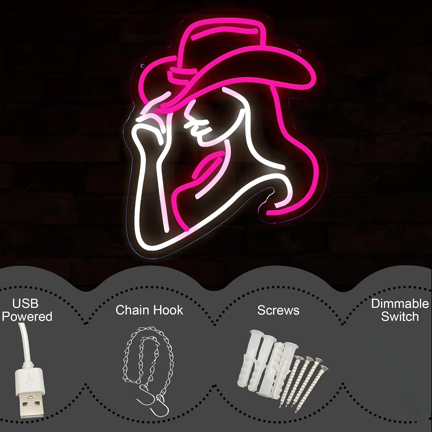 Cowgirl Neon Sign Cowboy Hat Woman Face Art LED Neon Light for Bedroom Bar Hair Beauty Studio Business Decor Gifts USB Powered