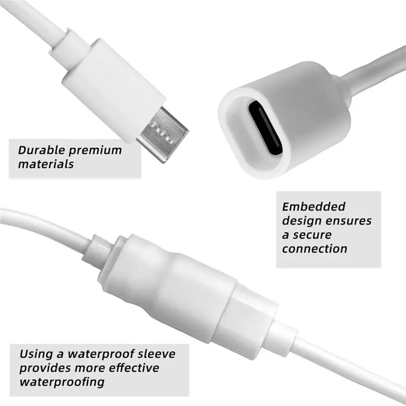 B63B-Waterproof Case Included USB C Extension Cable, USB C Male To Female Extender Cord With Clips For Ring Pan-Tilt Indoor Cam