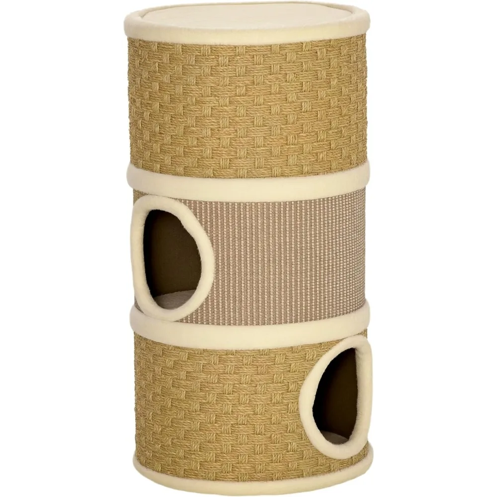 

PawHut 28 Inch Cat Condo, 3 Story Cat Hideaway with Sisal Scratching Pad, Barrel Shaped Small Cat Tree for Indoor Cats, Khaki an