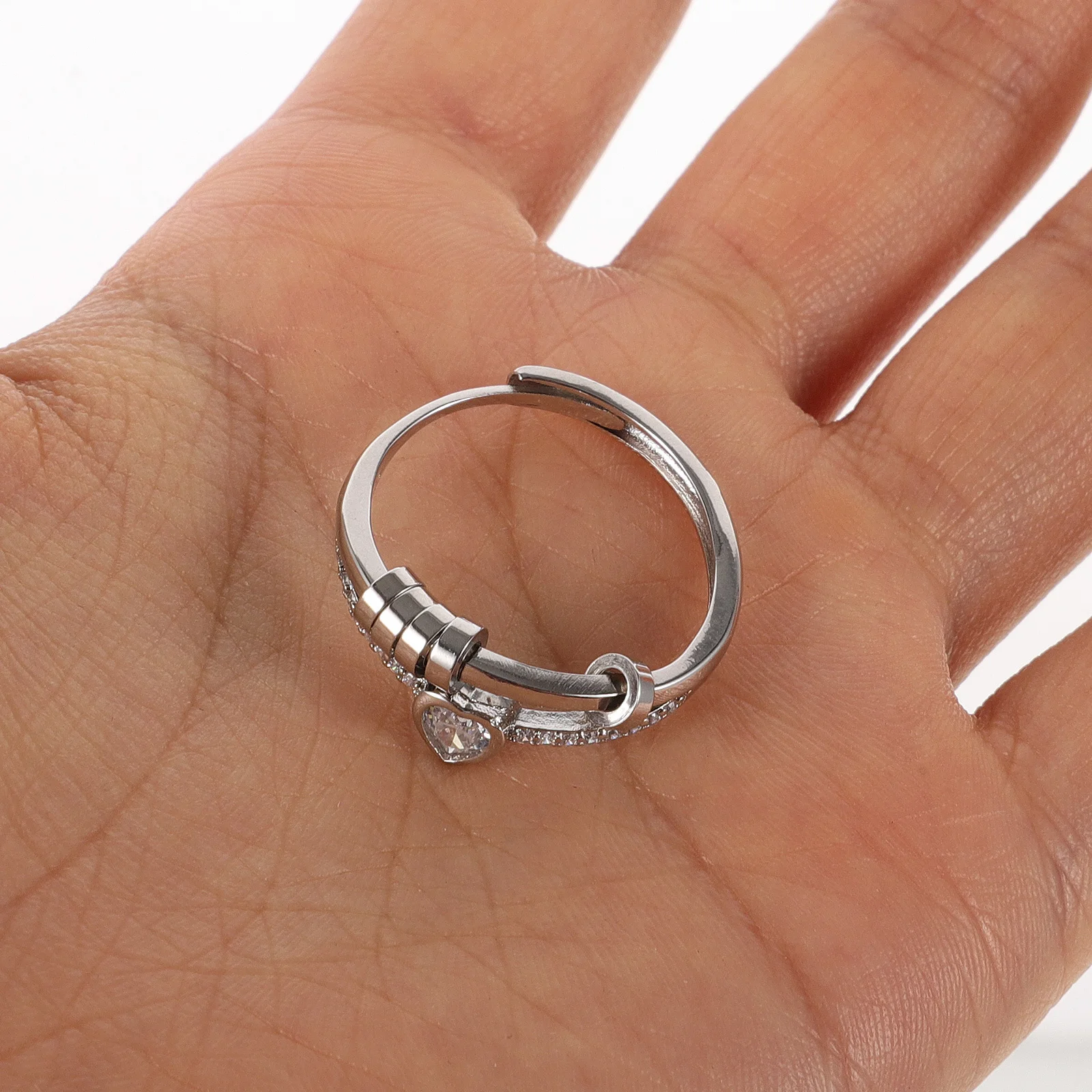

Rotating Ring Double Layer Heart Rhinestone Adjustable Women Jewelry Fashion Finger Decorative Accessory Party Night Club