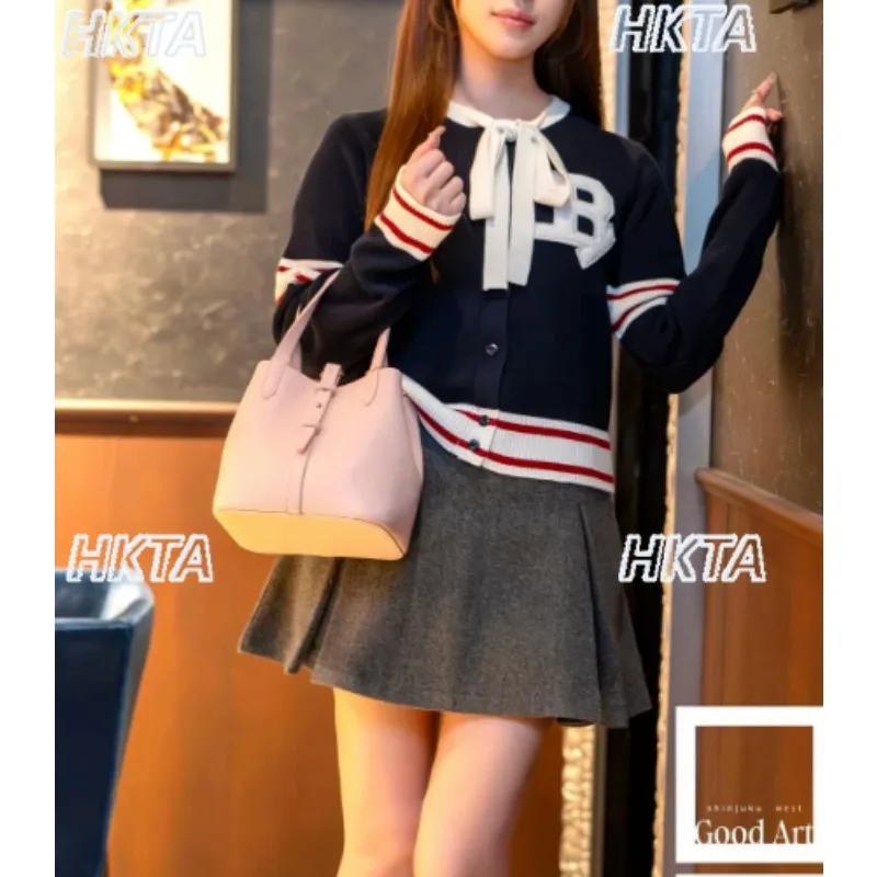 Japanese College Casual Versatile Color Matching Short Coats Sweet Elegant Bow Letter Embroidery Knitted Cardigan Jacket Women