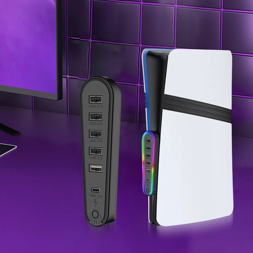 6 منافذ توسيع محور مهايئ شاحن محول نقل البيانات موسع لملحقات الألعاب بلاي ستيشن 5 برو/سليم