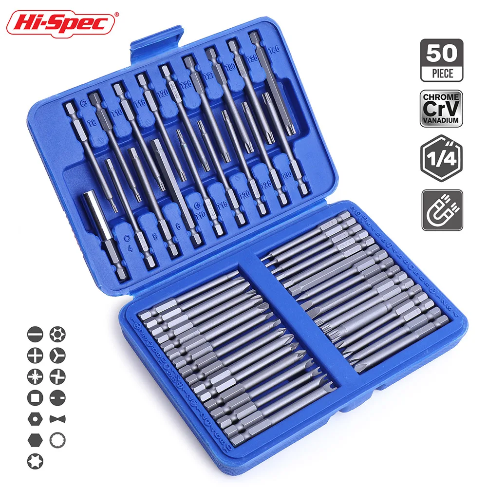 

Hi-Spec Magnetic Drill Bit 75mm Ratchet Screwdriver Bit Set Extra Long Bit Set 1/4 Chrome Vanadium Steel Security Bit Blue Case