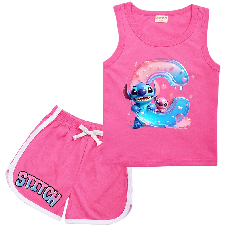 

Children Stitch Set Letter ABCD Suit Sports Clothes Casual Disney Cartoon Sleeveless Girl Boy Vest & Shorts 2Pcs Sets Kids Wear