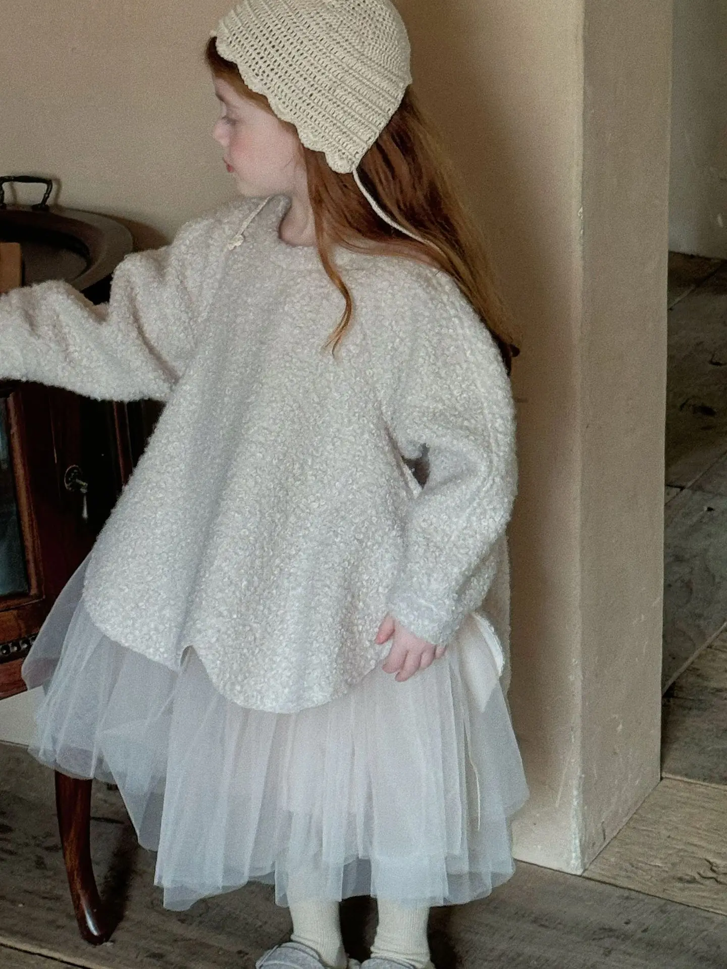 Girls Dress 2024 Winter New Children\'s Korean Sheep Curly Wool Gauze Woolen Splicing Dress