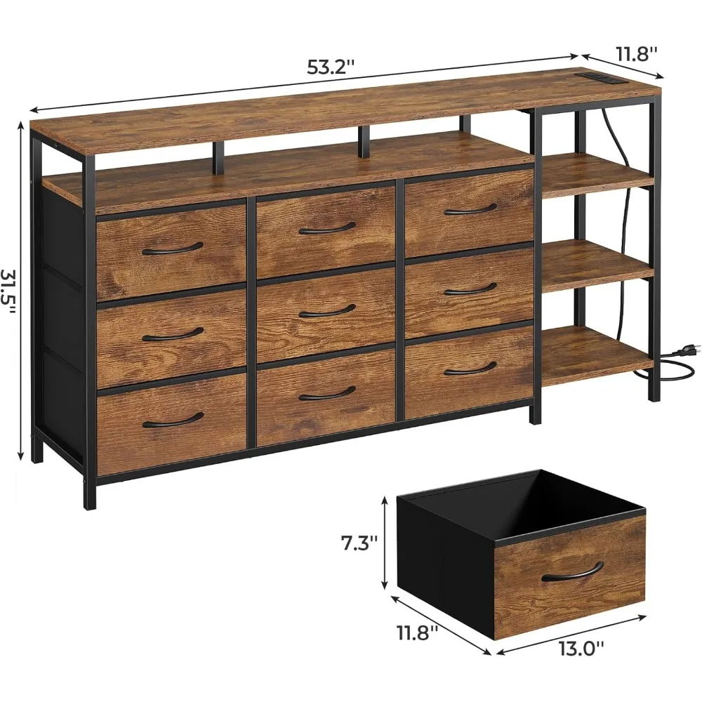 حامل تلفزيون 60 بوصة، خزانة ملابس مع قاعدة شحن، مركز ترفيه مكون من 9 أدراج بإضاءة LED، وحدة تحكم على الطراز الصناعي