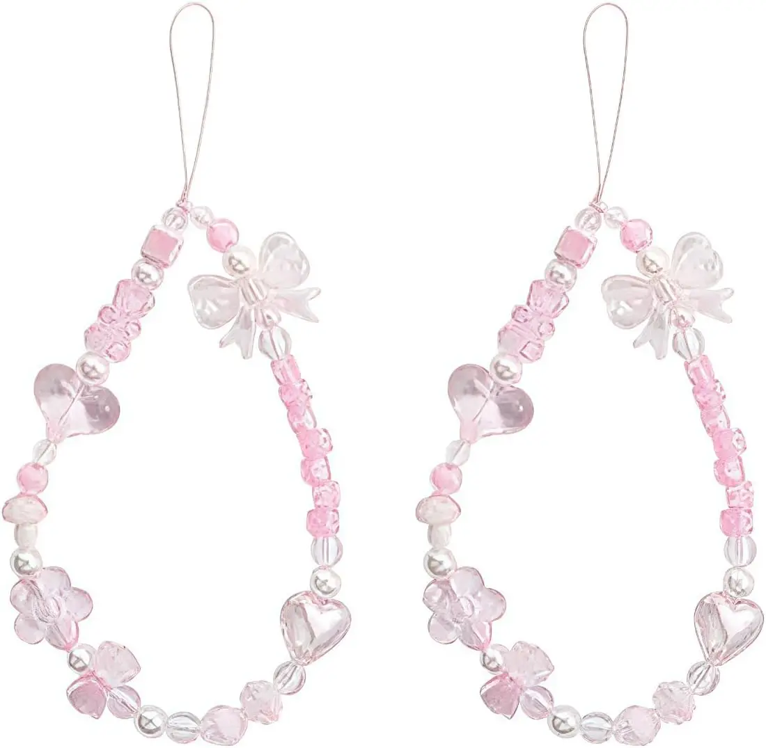 

2Pcs Pink Acrylic Beaded Mobile Phone Straps Anti-Lost Hand Strap Pendant Hanging Rope Phone Wrist