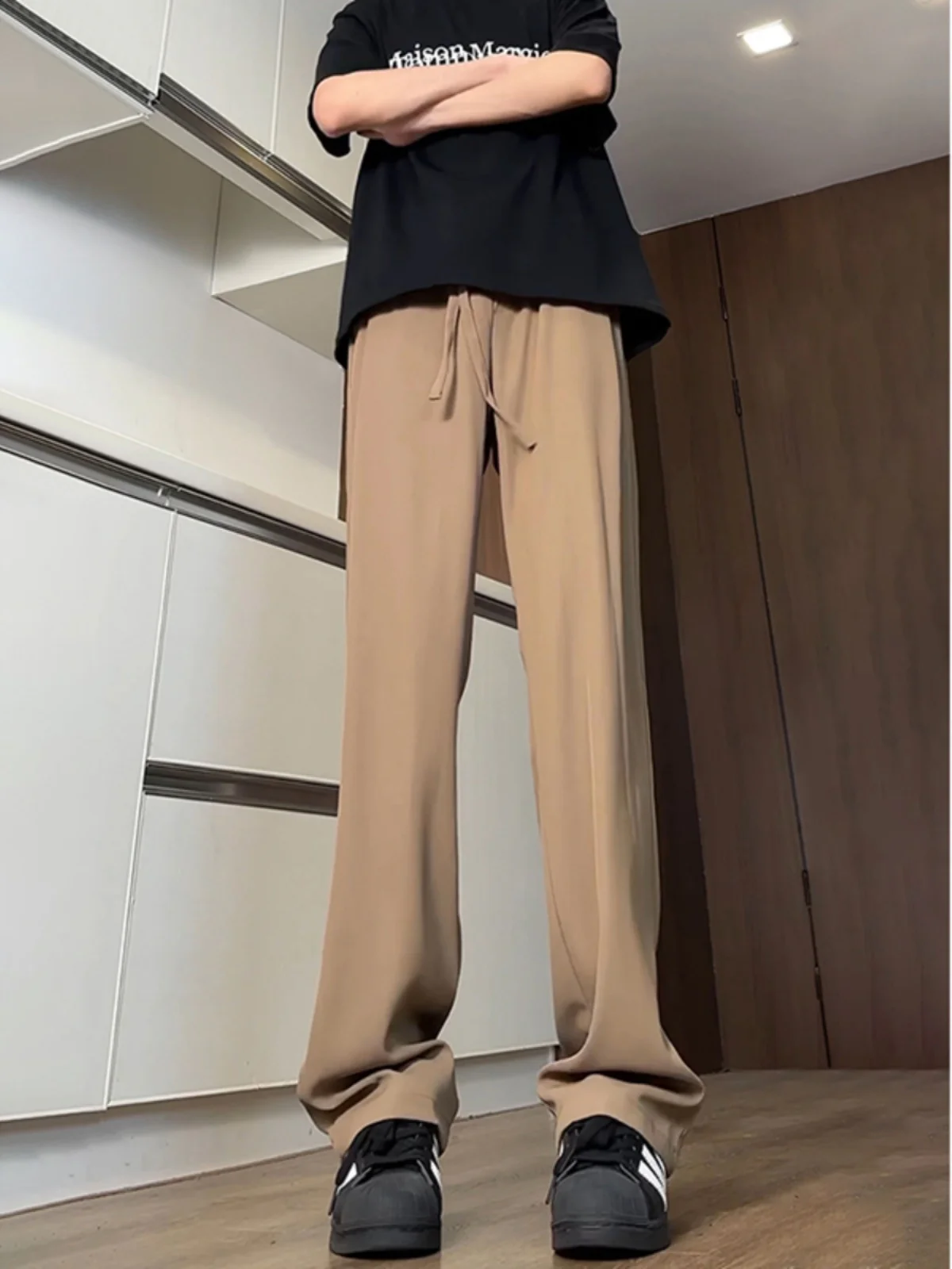 

Ice Silk Straight Leg Men's Summer Pants Slim Fit Drapey Brown Casual Trousers Faionable Youthful Sle Breathable Polyester
