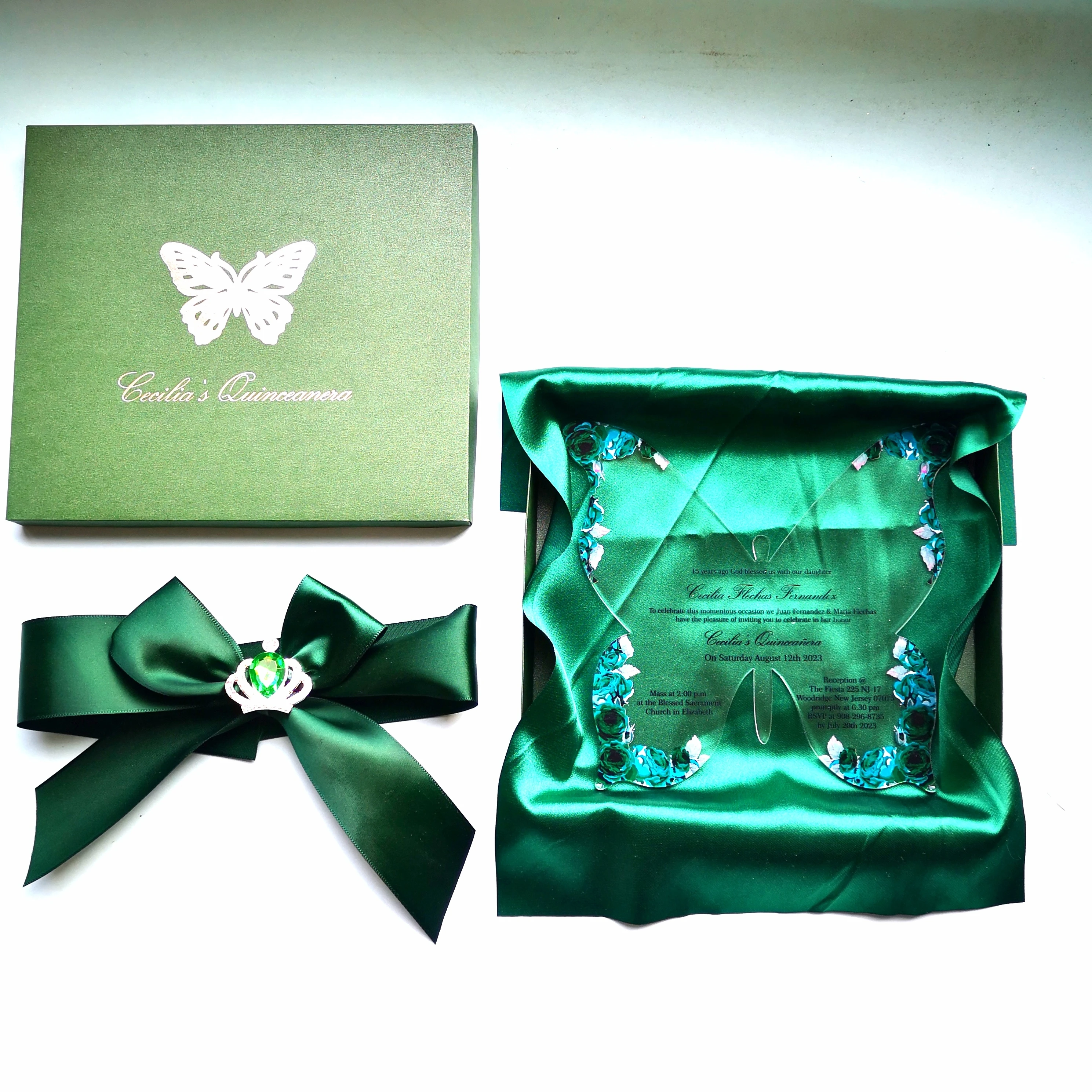 Acrylic Wedding Invitation Card with Box, Butterfly Shape, Blackish Green, Laser Cut, White Printing, Whole with Box, New, 2mm