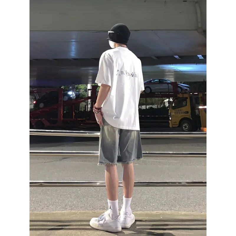 Mens Vintage Washed Ripped Fringe Denim Shorts Belt Waist Loose Straight Knee Length Casual Jeans Shorts