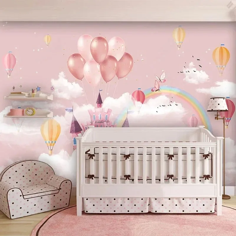 Rainbow Custom 3D Wallpaper Cartoon Castle Hot Air Balloon Butterfly Mural Children's Room Background Wall Papel De Parede 3D